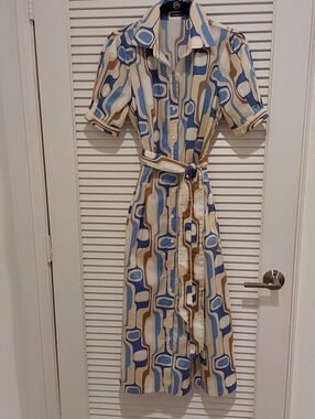 Beautiful JMcLaughlin Retro Geometric Shirt Dress in Blue & Cream With Pockets